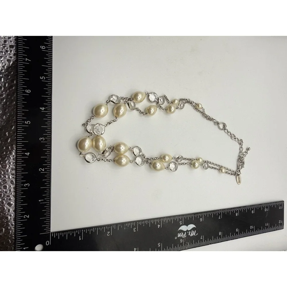 Talbots Silver Tone Faux Pearl and‎ Crystal Double Strand Necklace 18-21 Inch